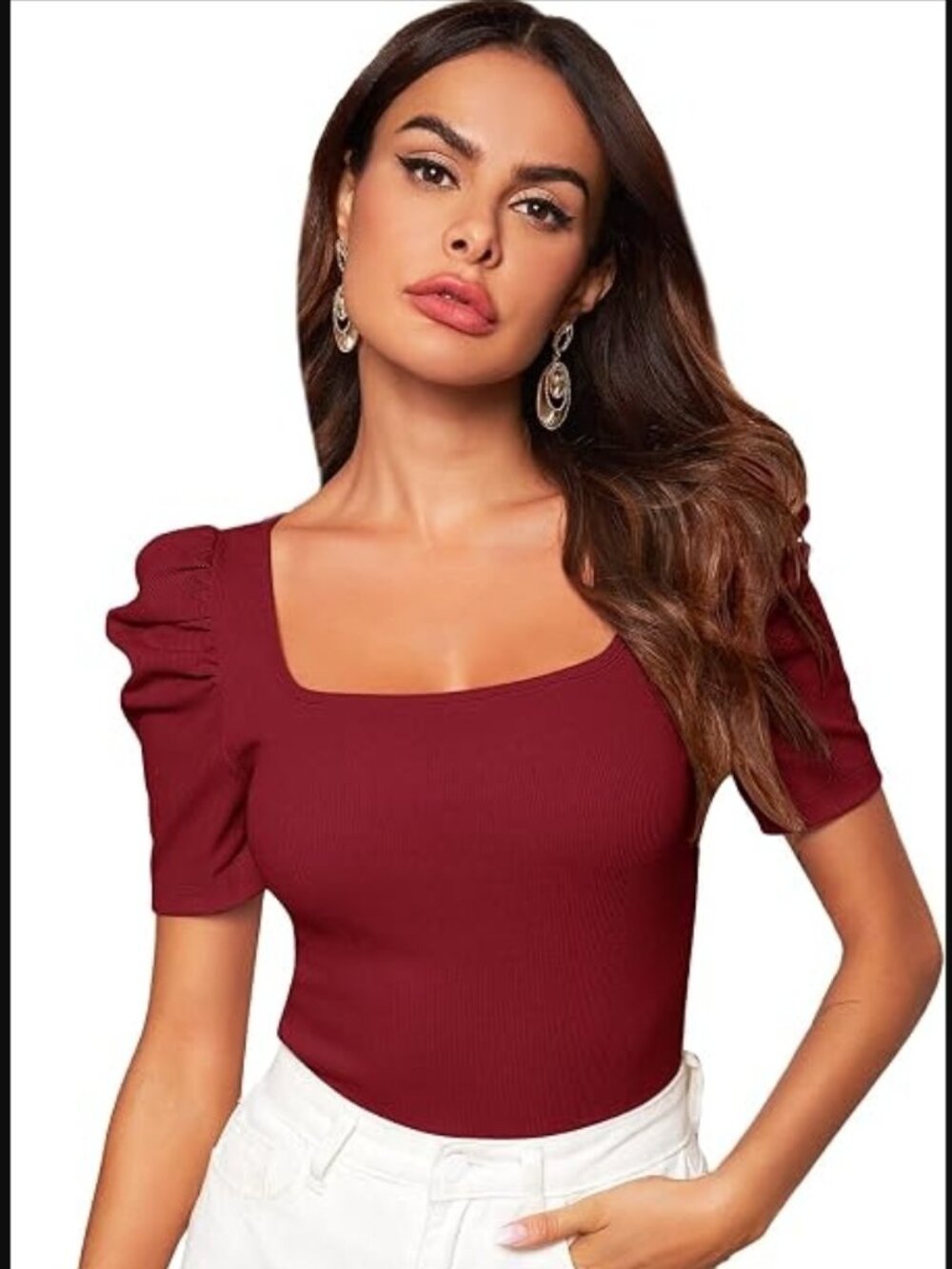 Women's Puff Sleeve Square Neck Short Sleeve Top Burgundy Size Medium